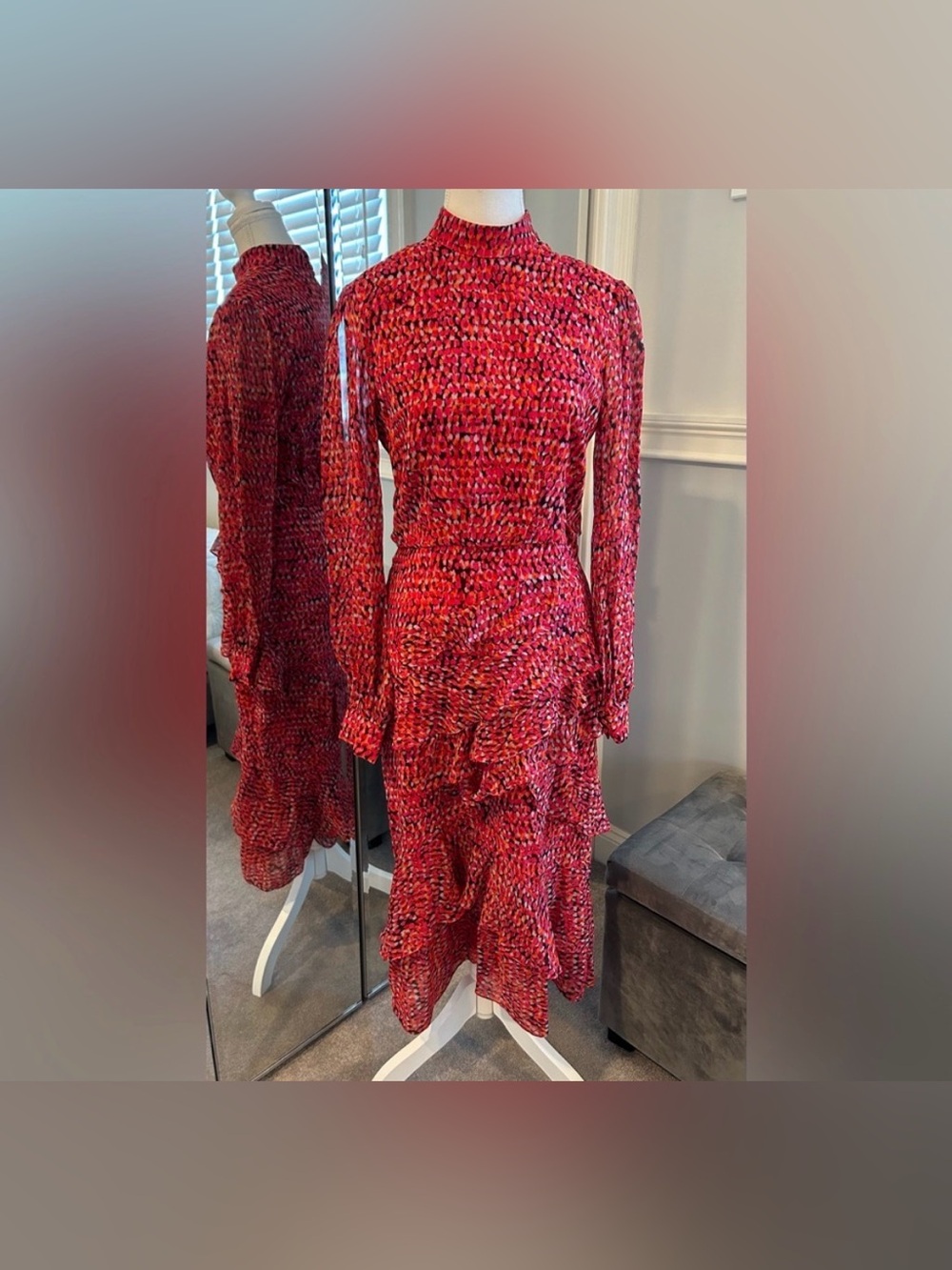 SALONI Red Printed Isa Ruffle Silk Midi Dress US 8/UK 12 MSRP $695 - Picture 9 of 16